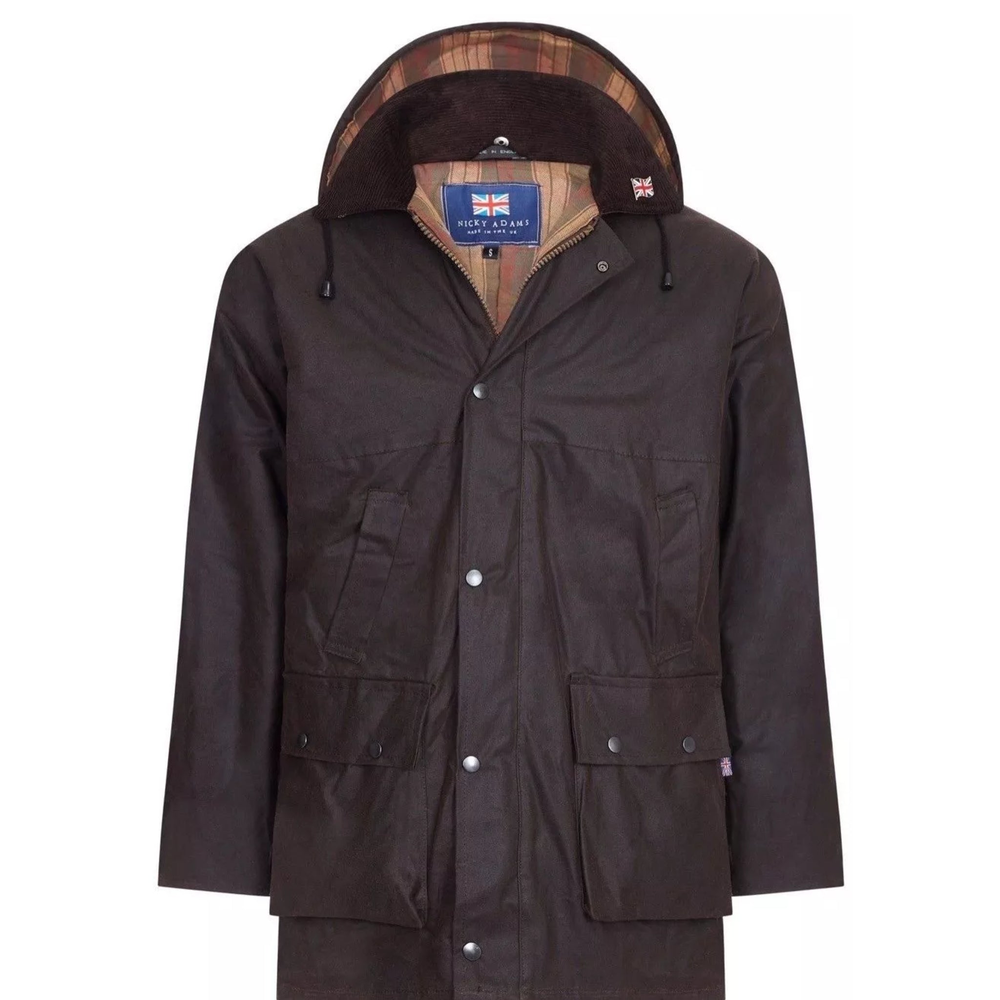 Nicky Adams men's brown padded wax jacket with hood, corduroy collar, and multiple pockets – classic British country outerwear